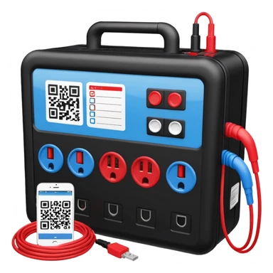 An open, black outdoor test case.Interior: control panel with colored test jacks, USB ports, and a power outlet. A red test probe is located next to it. On the left side of the case is a large roll of white, round test labels displaying QR codes. A blue cable leads out of the side of the case. sticker