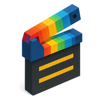 voxel style movie clapperboard with rainbow stripes, isometric view sticker