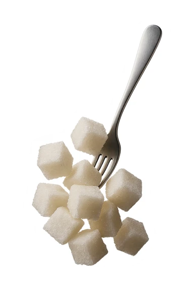 monagna di zollette di zucchero con una forchetta appizzata sopra, fluttuano in aria, iperrealistico 4k sticker