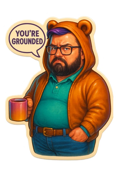 A realism art illustration art style of a plus-sizes man with purple to green ombre streak, black beard, blue eye, glasses, wearing a bear hoodie with ears,  dressed like a dad, holding a coffee mug, You’re grounded speech bubble, frowning  sticker