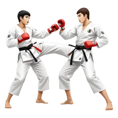 Two taekwondo fighters in traditional white doboks with black belts. One delivers a powerful kick, while the other defends by blocking with his knee. The background shows a professional arena with bright lights and an excited crowd. Transparent background highlights the intense action sticker