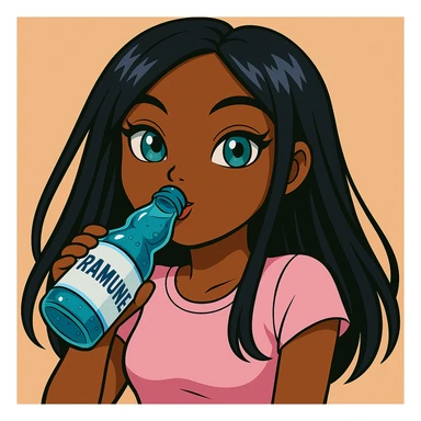 Change her pose to drinking blue Ramune soda from the classic glass bottle, headshot only, 20-year-old anime Bratz style woman with dark skin, straight hair, trendy outfit, big expressive eyes, glossy lips, no hat, no tears, happy expression, both eyes open, looking straight ahead. sticker