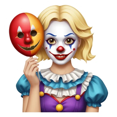 Blonde woman holding a Halloween clown mask  sticker