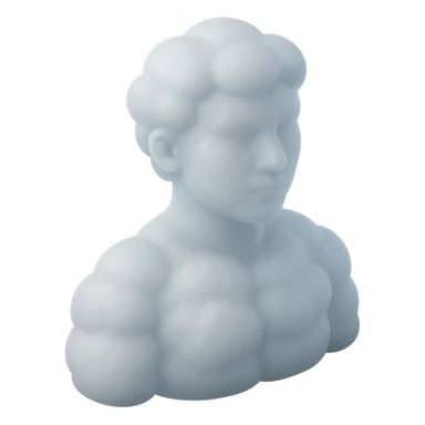 person looking straight, fully made of white fluffy convex clouds, shoulder up, matte glass style sticker