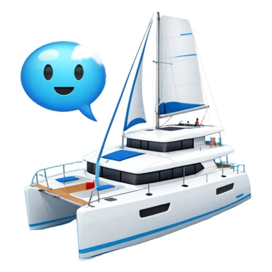 a lagoon 42 catamaran with no wording on the boat and an i message chat bubble icon coming out the top of the boat  sticker