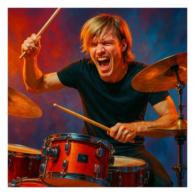 male drummer with blonde hair, long on top with bangs, playing drums, energetic expression, modern style sticker