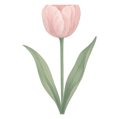 single soft pink tulip with watercolor petals, transparent background, green stem, curved soft leaves, elegant hand-painted style sticker