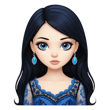 black hair, pretty, BLACK long black hair, pale skin, eyeliner, blue lace clothes, bratz baddie sticker