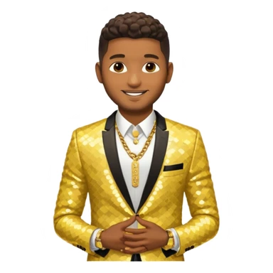 Usher with dark brown, butter yellow sequin suit jacket, shirtless with necklace sticker