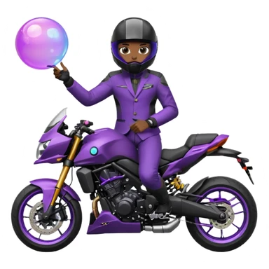 Créer un emoji copiable sur mon système iOS avec une moto mt07 noir mate / violet plus foncé que tu as et iridescent. le style de la mt07 doit être en sport. Avec pilote dessus visière violet bulle de la moto violet aussi. Avec fond arrière  violet  sticker