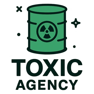 logo for 'Toxic Agency', bold modern font, green and black color scheme, includes a toxic waste barrel or hazard symbol, clean and professional style sticker