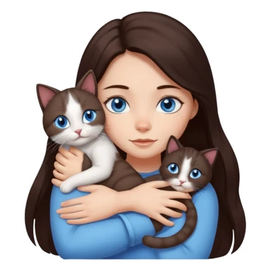 a girl with long dark 
brown hair, with blue eyes, hugs 3 different natural coloured cats sticker