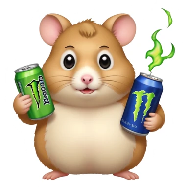 Funny cartoon-style fat hamster with big wide eyes  holding a can of monster energy in one hand and redbull in the other hand sticker