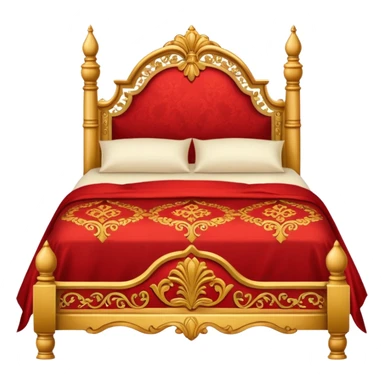 bed with red and gold sheets, wooden sticker