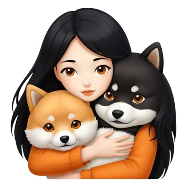 A beautiful girl with long black hair hugs a Shiba Lnu sticker