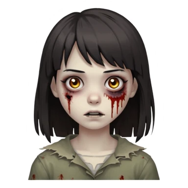 zombie 🧟‍♀️+👩🏻= girl dark hair long her shoulders bangs and ragged haircut gray eyes sticker