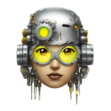 Fat Caucasian female cyborg head with Neon yellow bobbed hair, silver steampunk goggles and circuits sticker