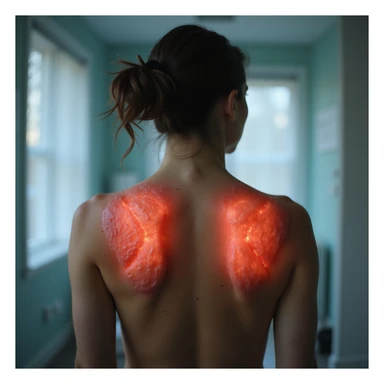 hyperrealistic 4K image of a woman seen from behind with inflamed shoulder blades, red and swollen skin above the shoulder blades, medical environment, variant 4 with slightly changed head position sticker
