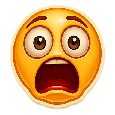 Create a horror emoji face with an even more shocked expression: eyes extremely wide, mouth stretched in a scream, eyebrows raised high, pale yellow face, no background. sticker