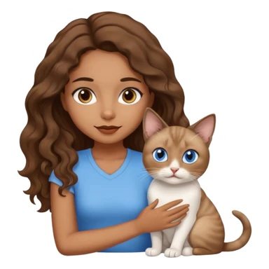brown girl with wavy hair, brown eyes, sitting with a siamese cat and a white cat, emoji style sticker