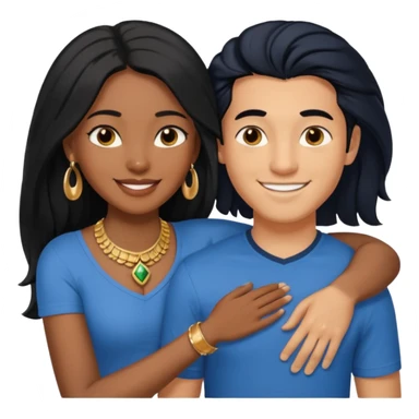 smiling embracing interracial couple from waist up. ebony woman with long hair and jewelry. brazillian man short hair wearing blue. sticker