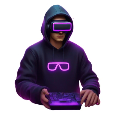 Russian man wearing a black hoodie with "OMG" letters on it and VR headset in a cyberpunk VR environment with violet neon lighting. sticker