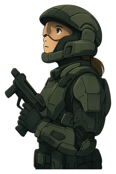 A female odst, right shoulder profile, helmet on, looking up to the sky, holding their trademark suppressed smg at ease sticker