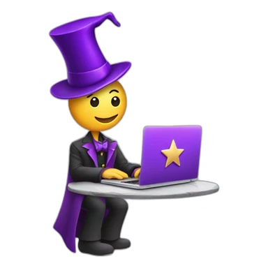 magician with a purple magic hat with a star working on a macbook sticker