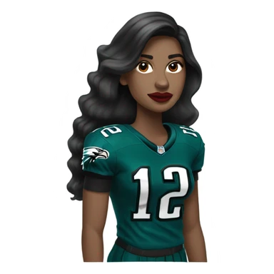 White female long dark hair red lips wearing Philadelphia Eagles jersey sticker