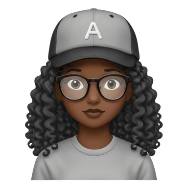 15 years old female, black skin, black framed glasses, long hair (black, curly), backwards baseball cap, gray shirt sticker