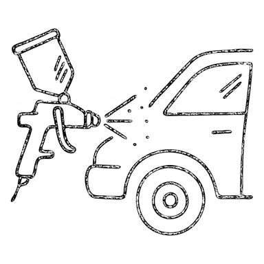hand-drawn outlined icon of a paint spray gun pointing at a car section, light layer of glossy black paint spraying out, silver details, clean lines, no excess paint, clean and modern sticker