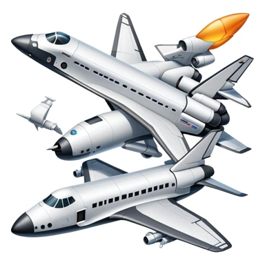 An icon featuring a collage of a space shuttle, a drone, and an airplane, symbolizing aerospace technology. The design includes rocket engines, wings, and flight paths, representing advancements in aviation and space exploration. Transparent background highlights cutting-edge aerospace engineering. sticker