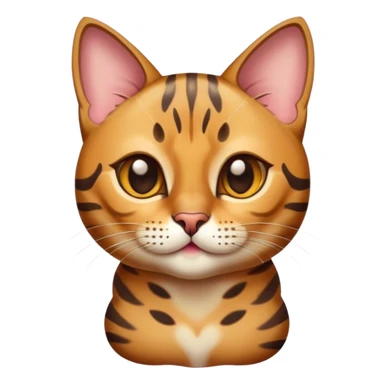 Cinematic Cute Bengal Cat Portrait Emoji, Playful and charming, sleek spotted brown and gold tones, Simplified yet adorable features, highly detailed, glowing with a warm, friendly glow, high shine, curious and affectionate, stylized with a touch of whimsy, bright and alert, soft glowing outline, capturing the essence of a mischievous yet loving kitten, so endearing it feels like it could pounce out of the screen and play! sticker