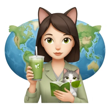 a brunette woman in here 30S drinking an iced matcha, carrying a grey cat and a map of the world sticker