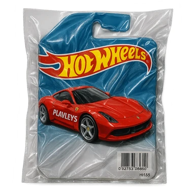 Hot Wheels blister pack with red Ferrari, 'PLAVLEYS' in bold slanted racing letters on the car, shiny and inflated vacuum-sealed style sticker