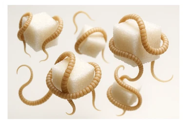 ZOLLETTE DI ZUCCHERO CON PARASSITI TIPO LA TENIA ARROTOLATE INTORNO AD OGNI ZOLLETTA, FLUTTUANO IN ARIA SU SFONDO BIANCO, IPERREALISTICO 4K sticker