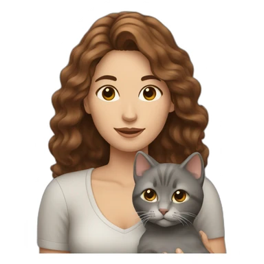 A woman with wavy brown hair holding a grey cat sticker