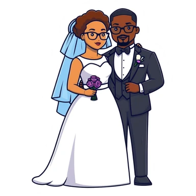 light-skinned African American woman with glasses in a wedding dress and light-skinned man with a black goatee in a tuxedo sticker