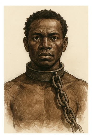 Сгенерируй мне в чуть рисованном стиле африканского раба, и на шее у него оковы с цепью, он смотрит четко прямо без эмоций. На белом фоне sticker