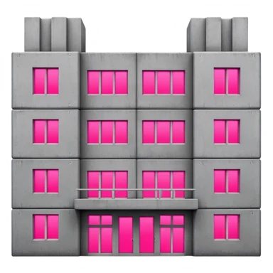 Brutalist gray concrete block building with one neon pink window and several regular windows sticker