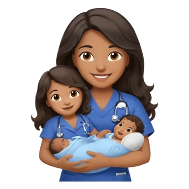 Female nurse smiling with long dark wavy hair with medium brown skin and brown eyes holding one tiny new born baby with navy blue short sleeves sticker