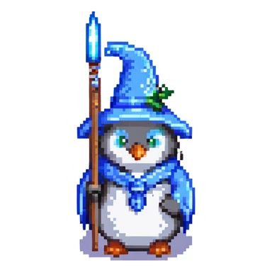 pixel art penguin wizard with a blue robe and a wand sticker