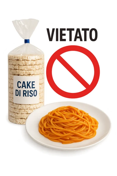 confezione di gallette di riso con accanto un piatto di pasta con divieto sopra, in italiano,  realistici sticker