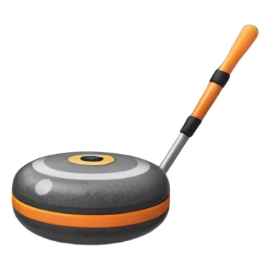 An icon featuring a curling stone in the foreground on an ice sheet with marked target circles. A curling broom rests nearby. In the background, a grand indoor stadium with bright lights and cheering fans. The ice reflects the vibrant colors of the surroundings. Transparent background. sticker