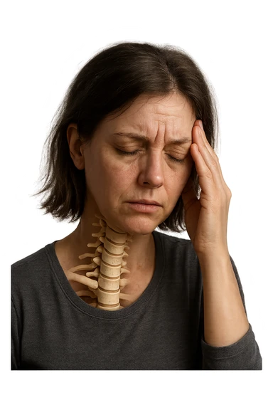 donna stanca che si tiene una mano sulla tempia con spina dorsale anatomica visibile, iperrealistico 4k sticker