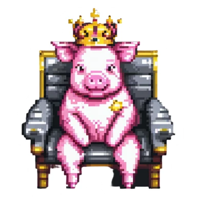 pixel art pig with a golden crown sitting on a throne, blocky and square like Minecraft, inspired by Technoblade sticker