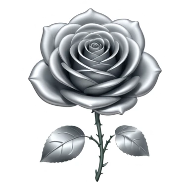 A rose emoji made of liquid silver metal, smooth metallic petals, reflective chrome surface, soft gradients, elegant shape, minimalistic iOS emoji style, centered, clean white background, realistic highlights, no text sticker