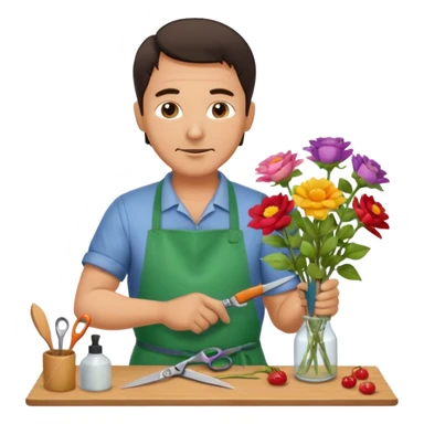 Middle-aged male florist – apron on, trimming stems with scissors sticker