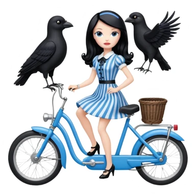 1920s coal hair Silkstone Marie Antoinette Barbie Wednesday Addams from academy in a blue and black vertically-striped classic dress. riding hot rod bikes with crows sticker