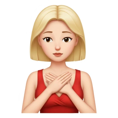 Woman making a “no thanks” gesture like refusing food or drinks offered. Only one hand on her chest, the other hand free on the side, eyes closed sticker